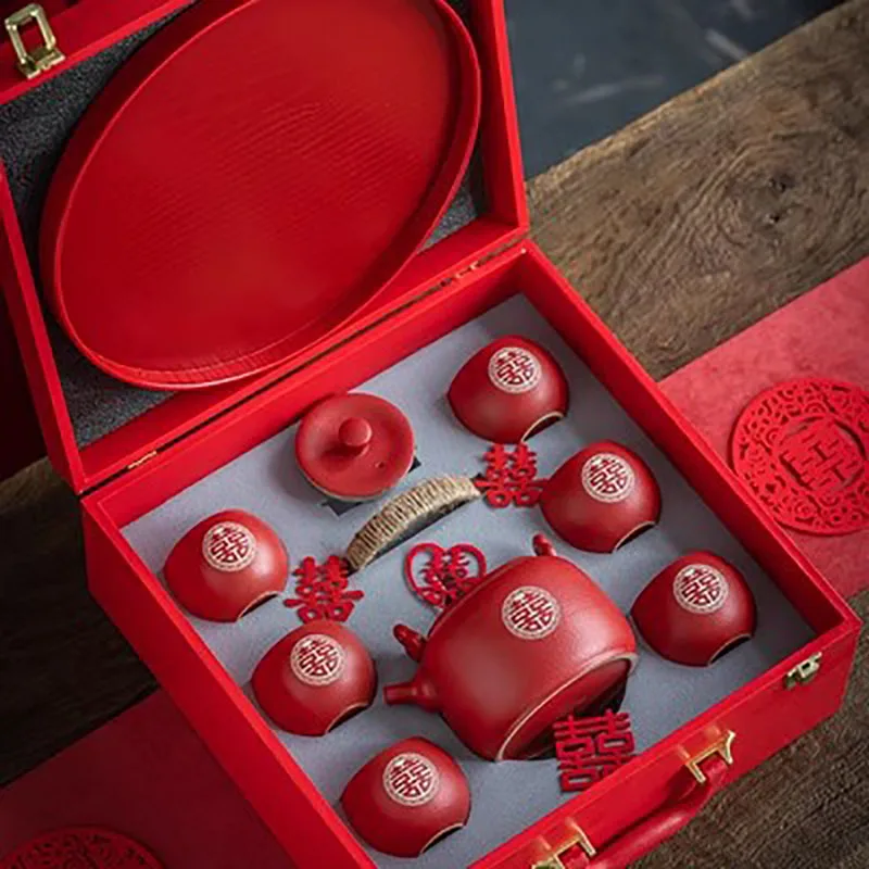 Chinese Style Ceramic Filter Tea Pot Set, Household Tea Pot and Cup Set, Red Teaware Gifts, Wedding, A Pot of Eight Cups