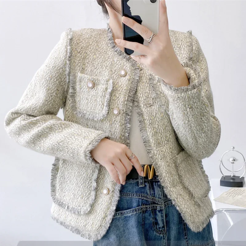 Light Blue Elegant Fashion Coat Women's Autumn Winter New Wool Tassel O Neck Korea Chic Sweet Small Fragrance Tweed Jacket 1694 light knitted scarf gloves hat set women s thickened wool hat three piece warm suit classic solid color scarf
