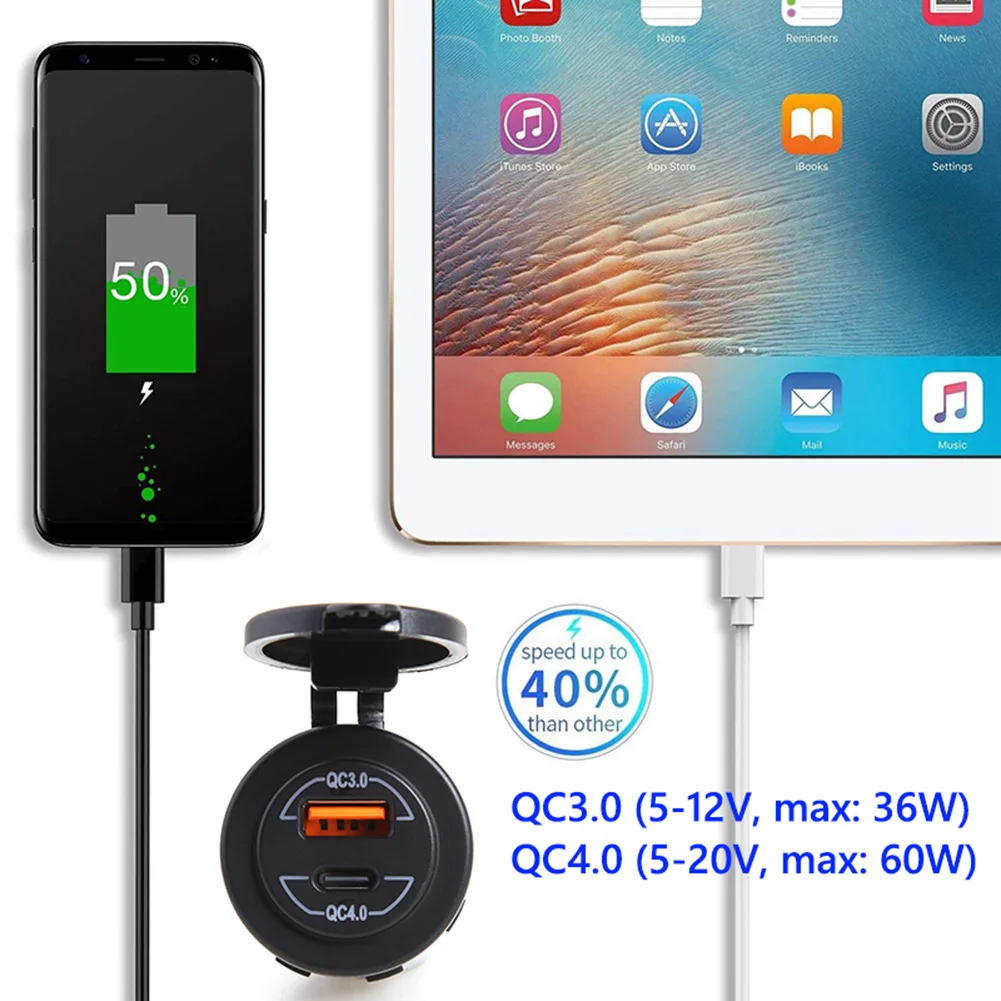 60W 차량용 충전기 소켓 듀얼 포트 QC 4.0 타입 C QC 3.0 USB 고속 ..