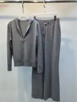 Luxury Two Pieces 100% Cashmere Sets Wool Suits Female Hooded Warm Mink Cashmere Knit Tops +  Wide Leg Wool Pant Sets WY1689 2