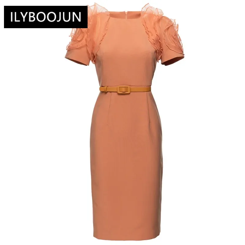 

Summer Pencil Dress Short sleeve Ruffles Sashes Slim Solid color Knee-Length Luxury Evening Party Dresses For Women 2023 Brand