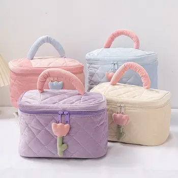 단색 꽃 메이크업 가방 세트, 지퍼 대형 소프트 코듀로이 화장품 가방, 여성 여행 메이크업 뷰티 케이스 세트, 1 세트
