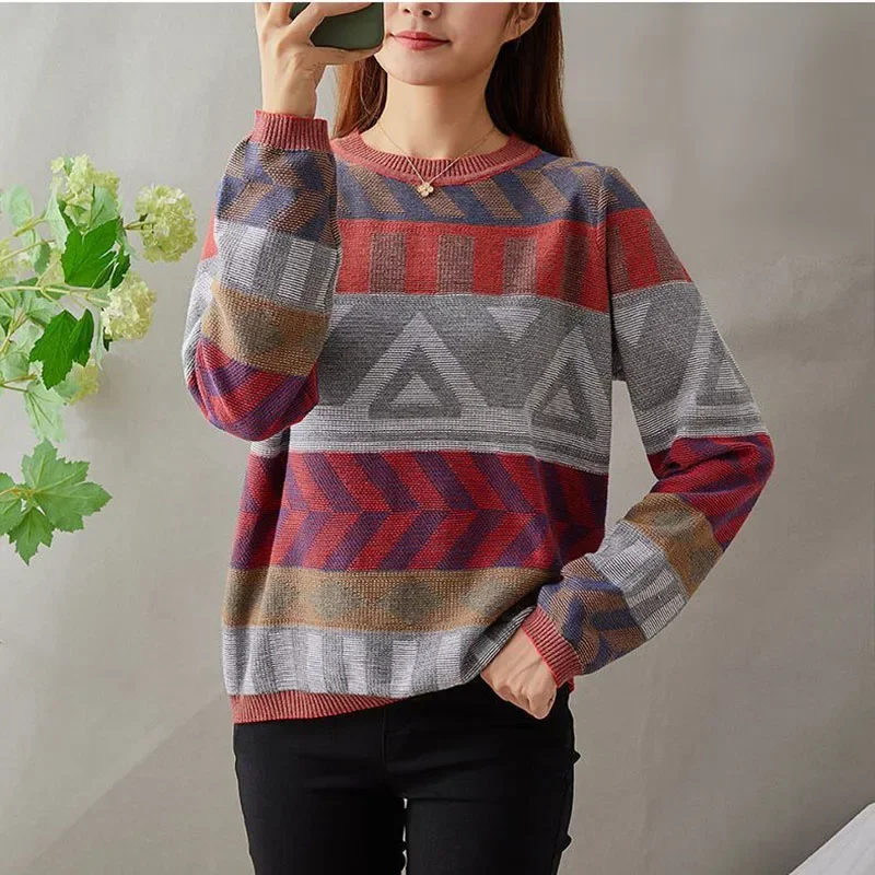 

Fashion O-Neck Spliced Loose Color Knitted Sweater Women's Clothing 2024 Autumn Winter New Casual Pullovers All-match Tops LJ281