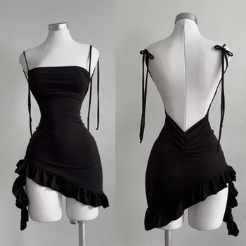 2026 Sexy Sleelveless Backless Mini Dress Women Summer Europe America Lace Up Bodycon Dresses High Street Party Club Black Dress