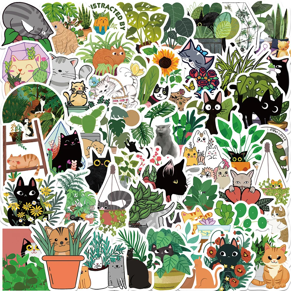 10/30/50pcs Cartoon Cat And Plant Stickers Creative Cute Kawaii Animal Scrapbook Funny Laptop Diy Phone Waterproof Decal Sticker