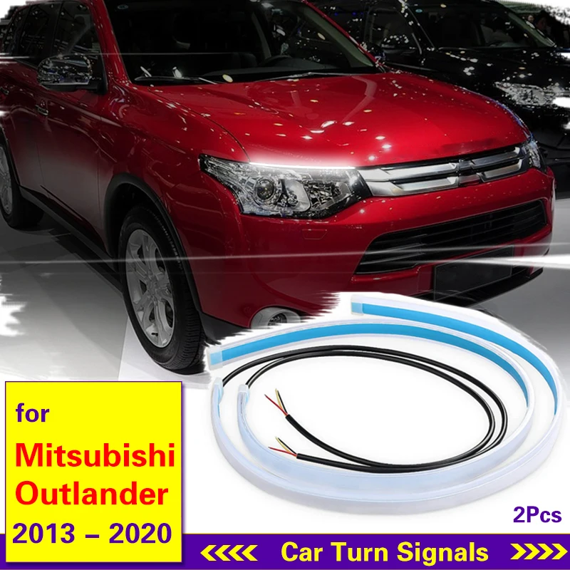 2pcs Car Daytime Running Light Flexible Waterproof Flow Strip White Turn Signal Lamp Yellow For Mitsubishi Outlander 2013-2020