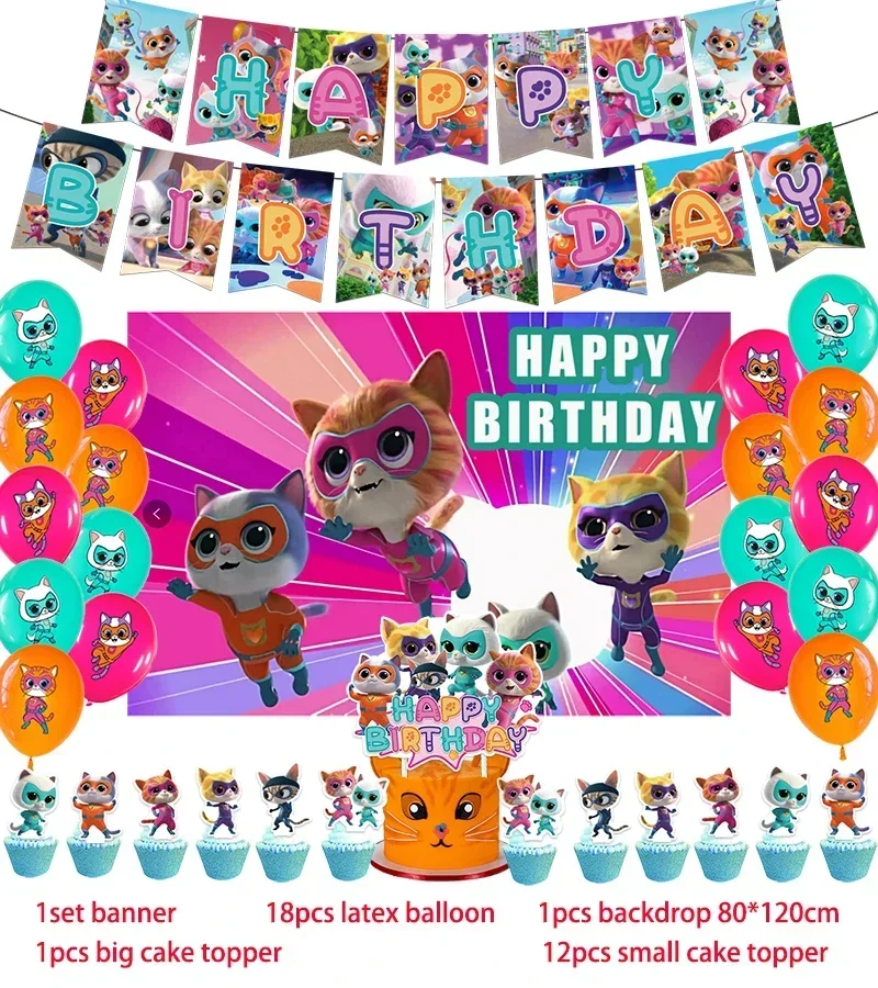 Description Picture 5 of itemCartoon Superkitties Birthday Party Decoration Super Kitties Tableware Balloon Cake Topper Party Supplies Baby Shower