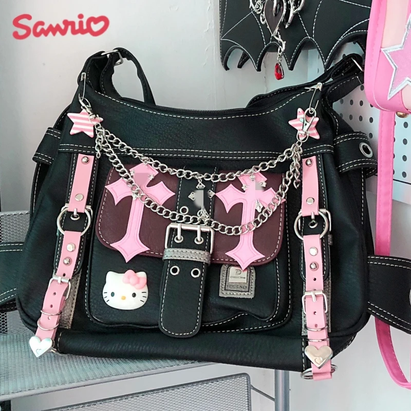Sanrio Hello Kitty Gothic Punk Vintage Pink Cross Chains Borse A Tracolla Borsa Y2K Trend Tote Bag Per Le Donne Hot Girl