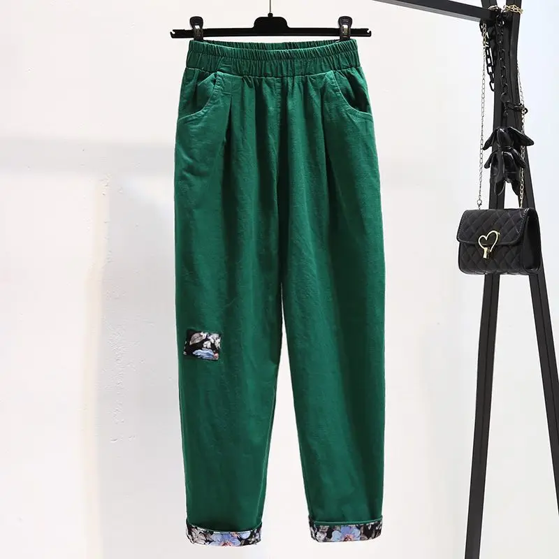 2024 Summer New Simple Cotton and Hemp Embroidered Women's Wear Elastic Waist Loose and Slim Casual Haren Ankle Length Pants