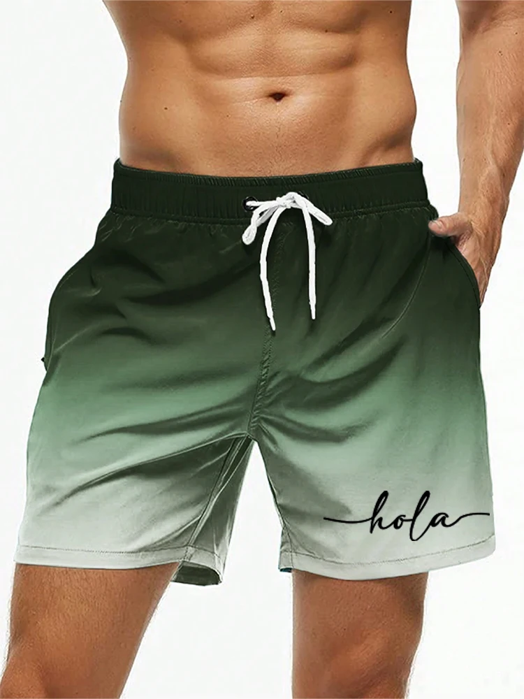 Fashion Letter Design Mens Print Shorts Summer Men's Swim Trunks Elastic Waist 3D Print ‘Hola’Graphics Gradient Breathable Short 5