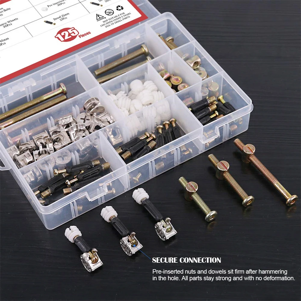 3 in 1 Cam Fitting with Dowel Pre-Inserted Nut with Zinc Plated Hex Drive Socket Furniture Barrel Nuts Crib Screws Kit 125 Pcs