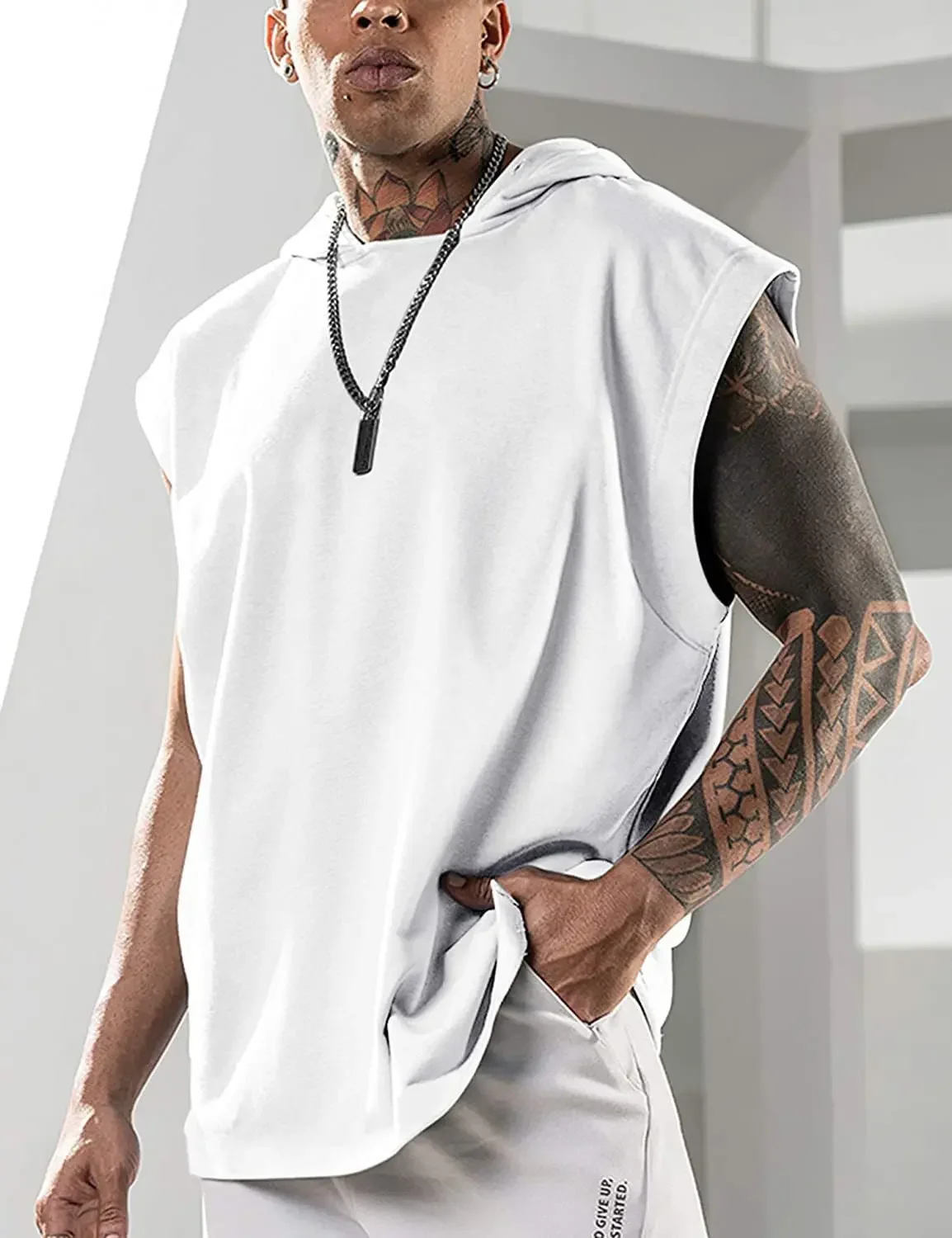 2025 Hooded Solid Color New Men's Casual Pullover Sports Men's T-shirt Sleeveless Men's Waistcoat Loose 1