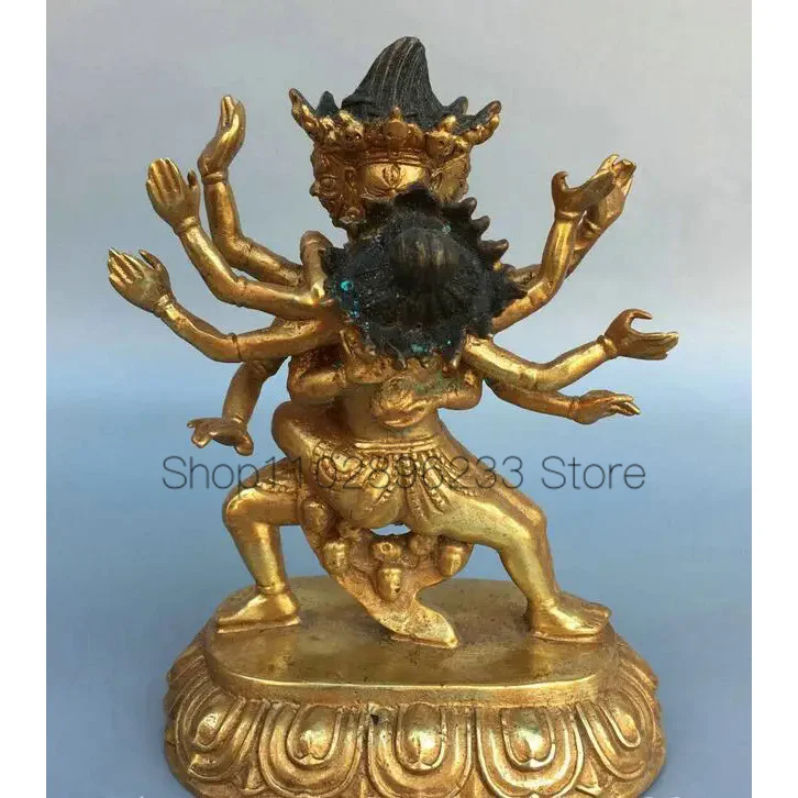 

6.2" Old Tibetan Bronze Gild Mahakala Happy Mandkesvara Yab-Yum Buddha Statue