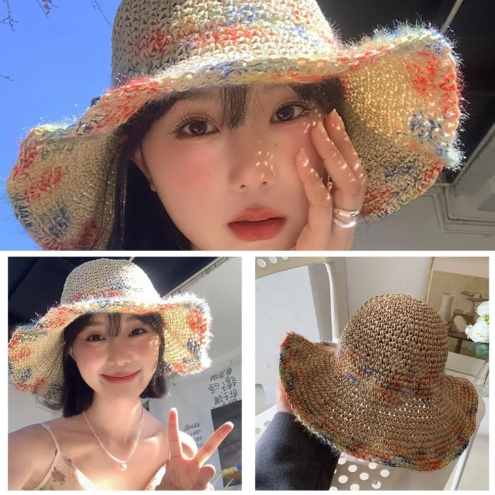 여성용 다채로운 직조 빨대 모자, 파나마 모자, 스크린 모자, 빨대 모자, 비치 브림, 여름 쉐이드 모자, B2d9