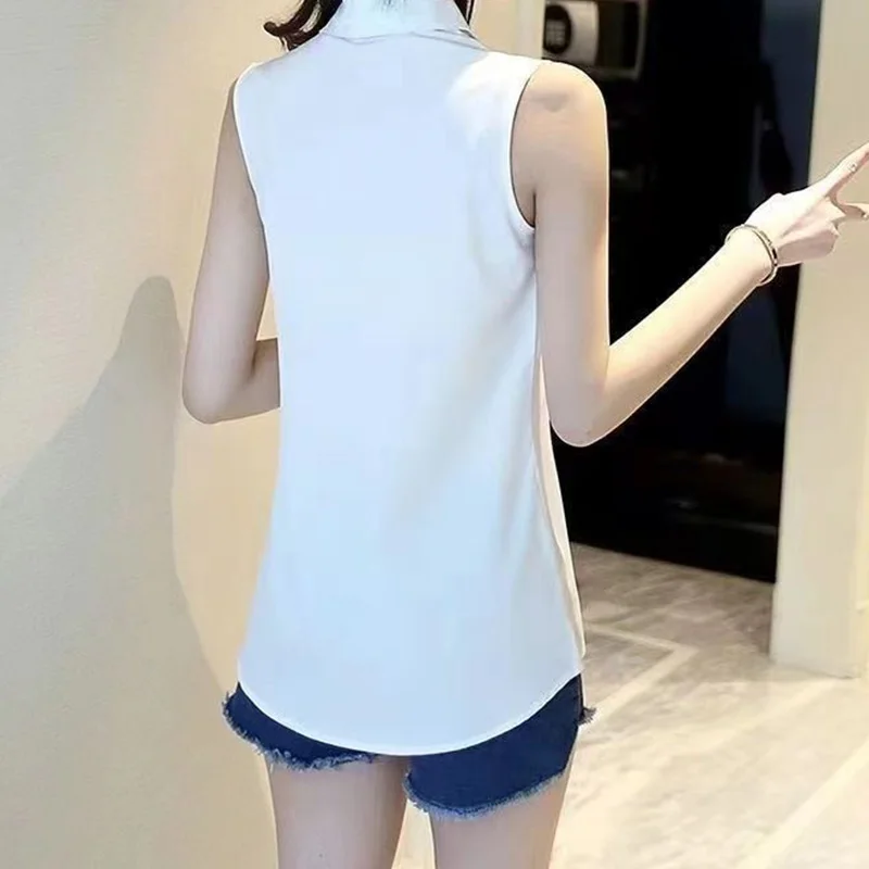 2024 New Summer Retro Loose Casual Office Lady Korean Style Women's Shirt Button Solid Color Turtleneck Sleeveless Y2K Chic Tops