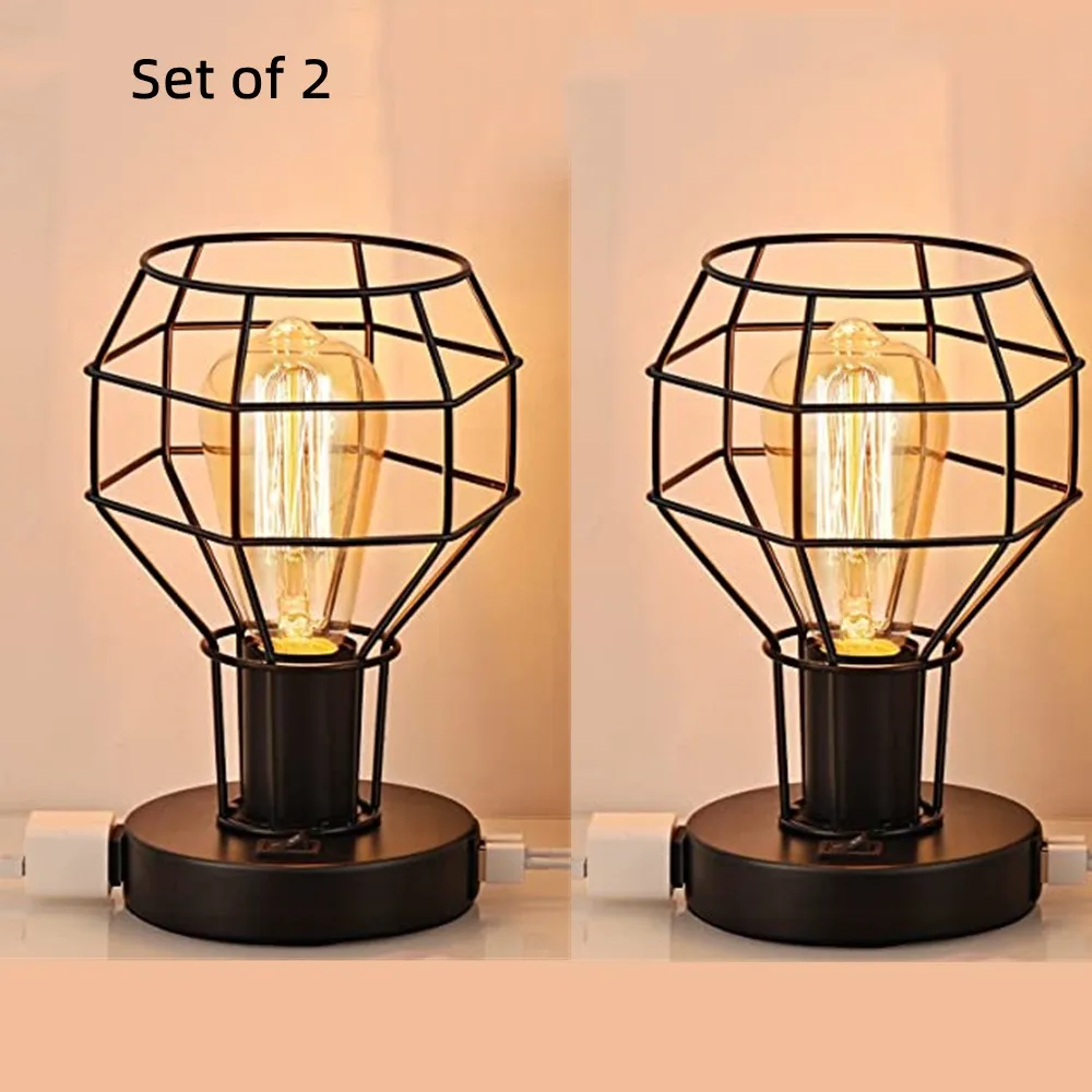 Industrial Table Lamp Small Desk Lamp with USB Charging Port Vintage with Outlet for Bedroom Living Room Nightstand 2 Sets