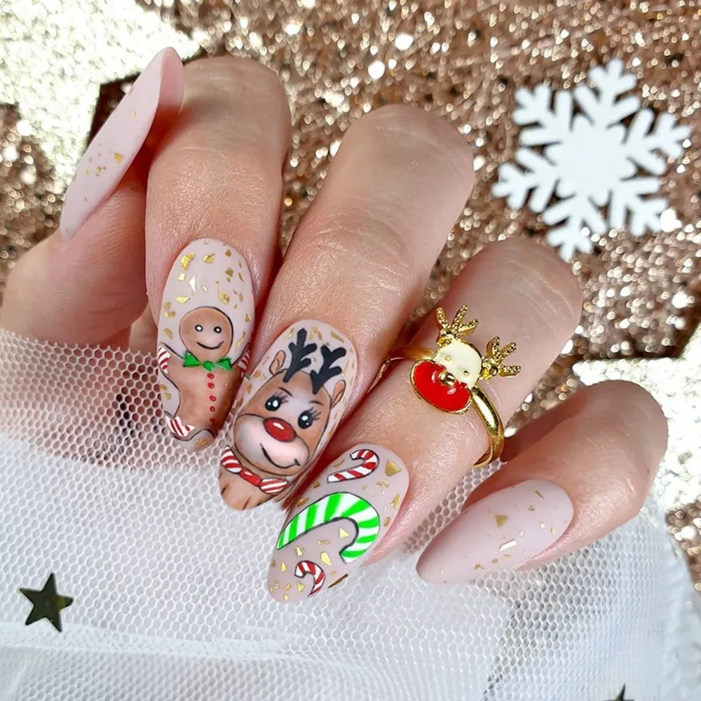

24pcs Christmas Fake Nails Almond French Nail Press on Nails Waterproof Faux Fingernails