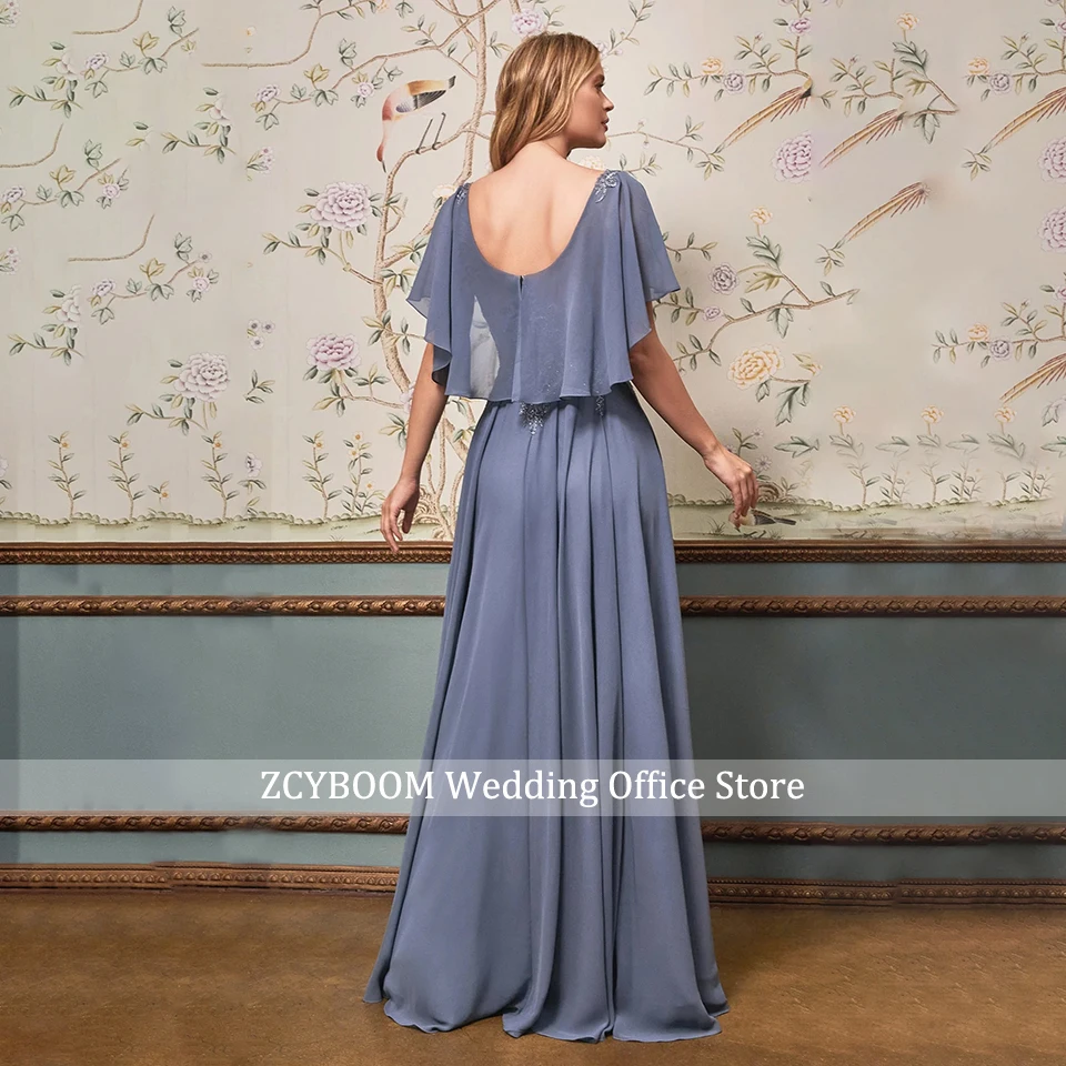 Elegantes blaues Chiffon-Abendkleid mit U-Boot-Ausschnitt und kurzen Ärmeln 2026, A-Linie, Spitzenapplikationen, bodenlang, für Damen, Party, Gast, Abschlussball – Detail 5