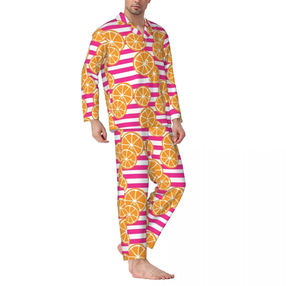 

Oranges Slices Sleepwear Autumn Pink and White Stripes Retro Oversized Pajama Set Male Long Sleeve Fashion Night Print Home Suit