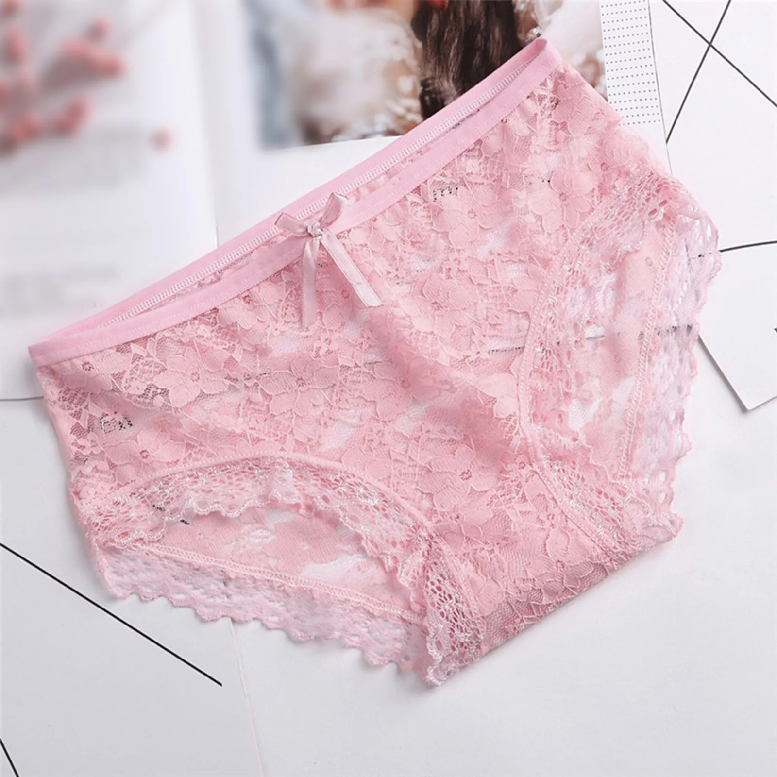 Lace Underwear Briefs Women Breathable Bow Mid Waist Panties