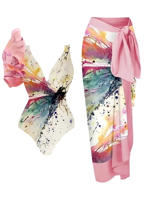 2025 Frill One Piece Swimsuit & String Skirt Padded Sexy Swimwear Women Bathing Suit Female Swimming Summer Beachwear Bodysuit 1