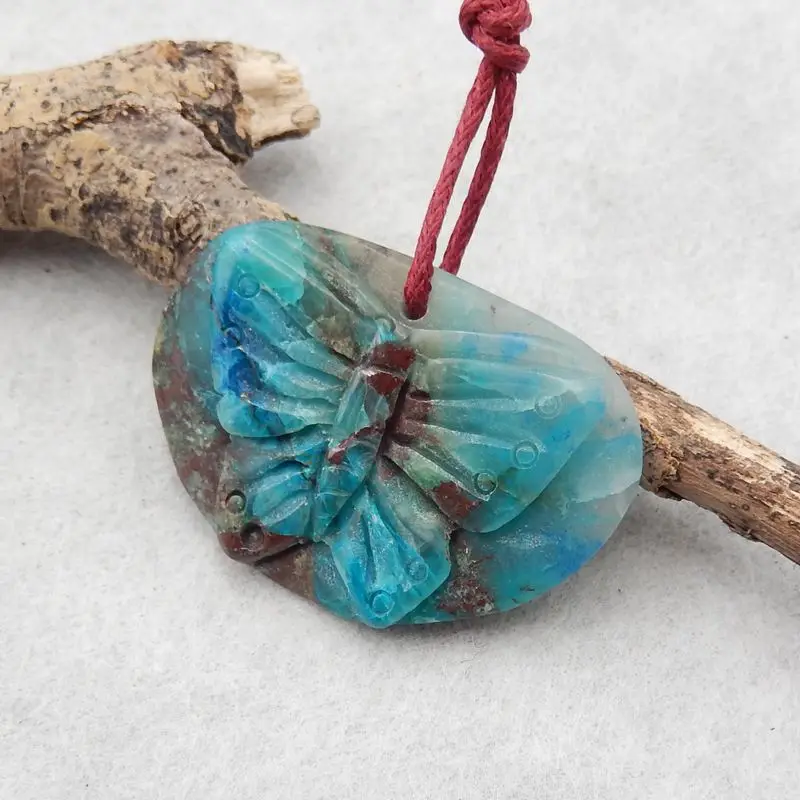 Handmade Fashion Pendant Bead Natural Stone Chrysocolla Carving Butterflies Jewelry Necklace Accessories 31x22x5mm 5g