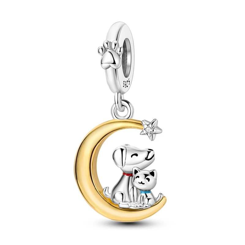 

Warm 925 Sterling Silver Starry Moon Cat And Dog Dependent Charm Fit Pandora Bracelet Women's Moon Appreciation Jewelry Gift