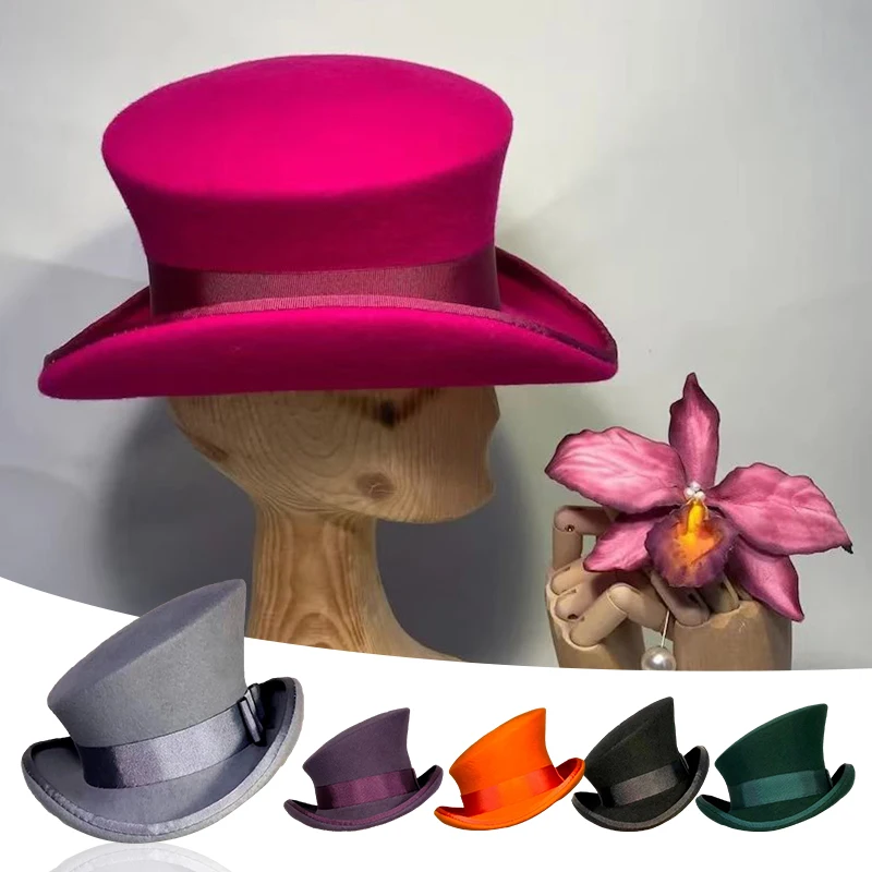 Asymmetric Hat Felt Retro Top Hat Women Men Punk Fashion Ribbon Party Halloween Magician Dress Up Costume Cap Imitation Wool