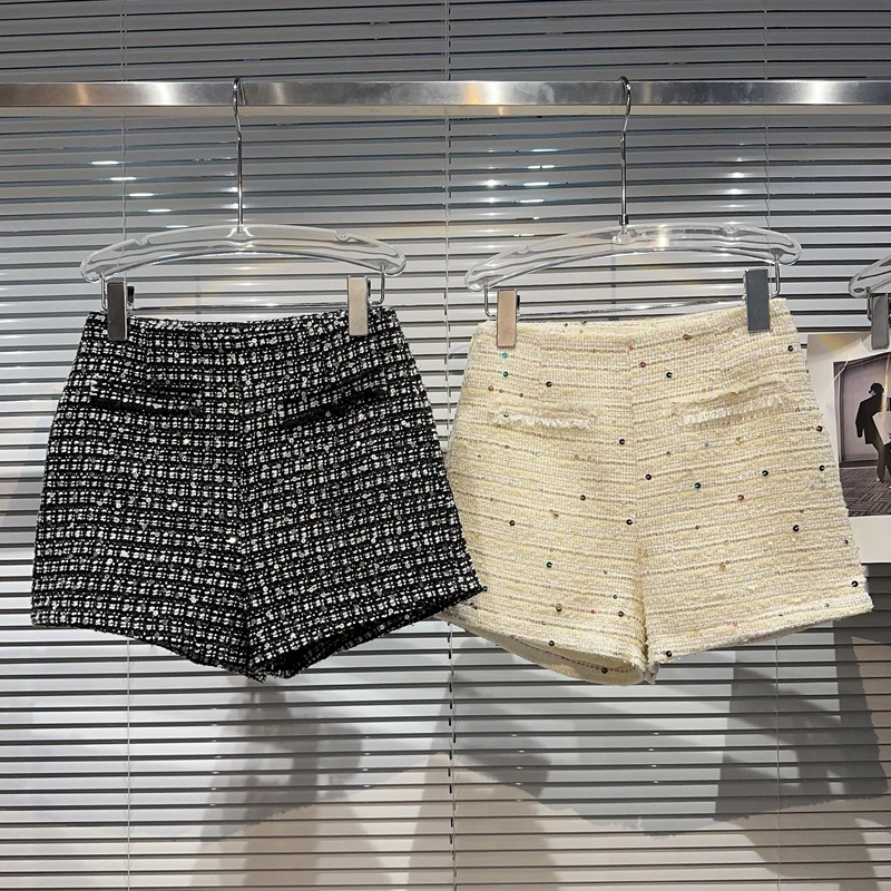 

2023 Autumn New In Colorful Sequined Tweed Shorts for Women Elegant Black Off White Short Pants Female Booty Shorts