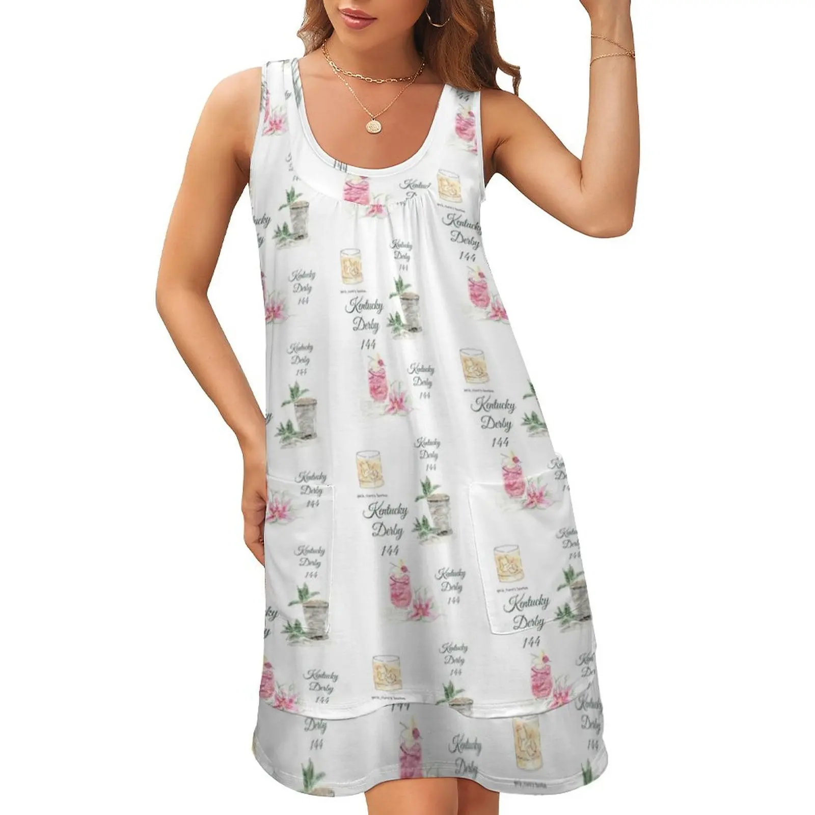 

Kentucky Derby 144, Cocktail, Watercolor, Horse race, KYDERBY Sleeveless U-Neck Fake Two Piece Dress Evening gown