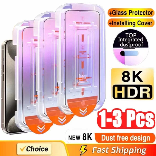 Protecteur d'écran avec revêtement oléophobe pour iPhone, 8K HDR, verre anti-poussière pour iPhone 16, 15, 13, 12, 11, 14, Pro Max, X, XS Max Poly, 1-3 pièces 1