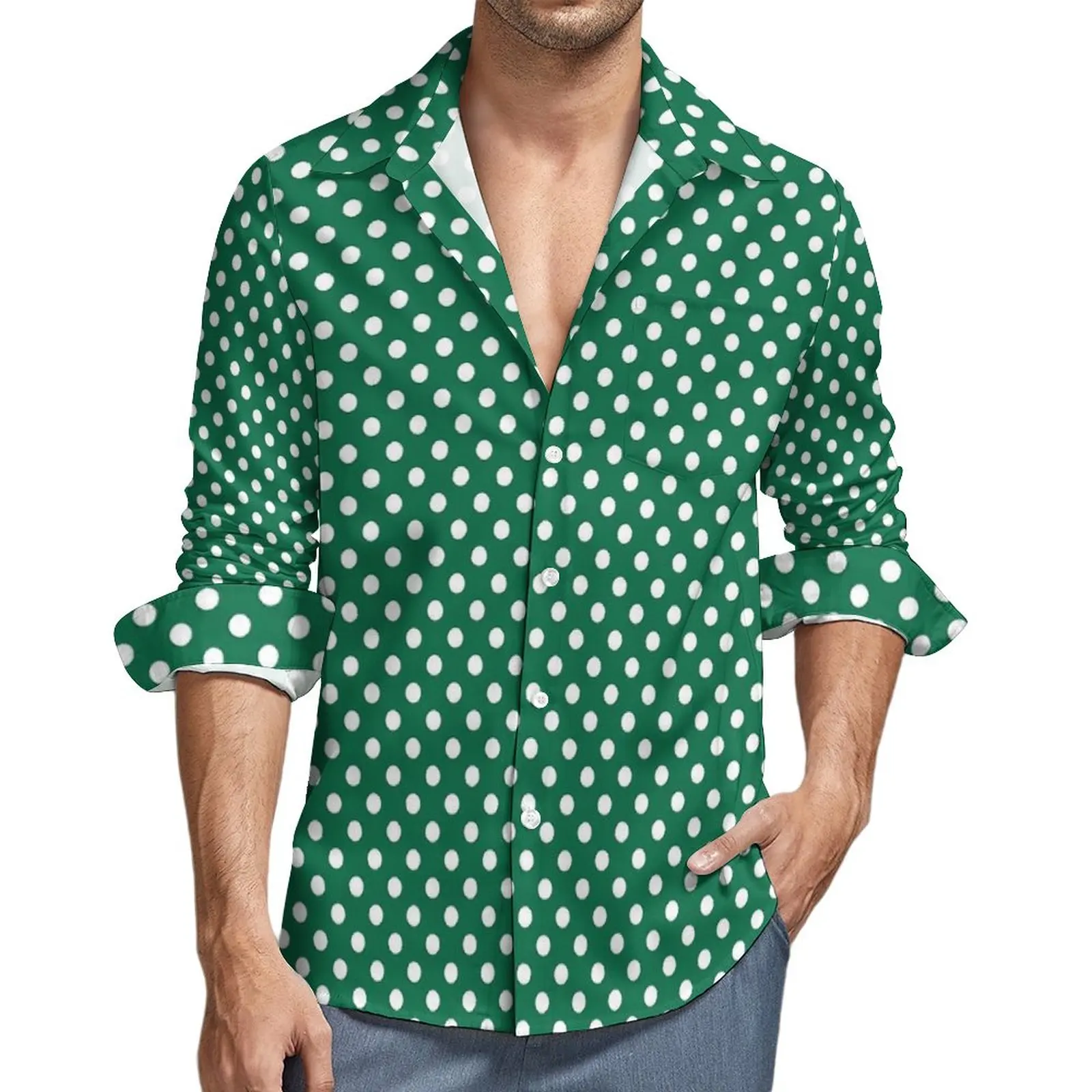 

Green Polka Dot Shirt Autumn Vintage Print Casual Shirts Men Vintage Blouses Long Sleeve Graphic Harajuku Tops Plus Size
