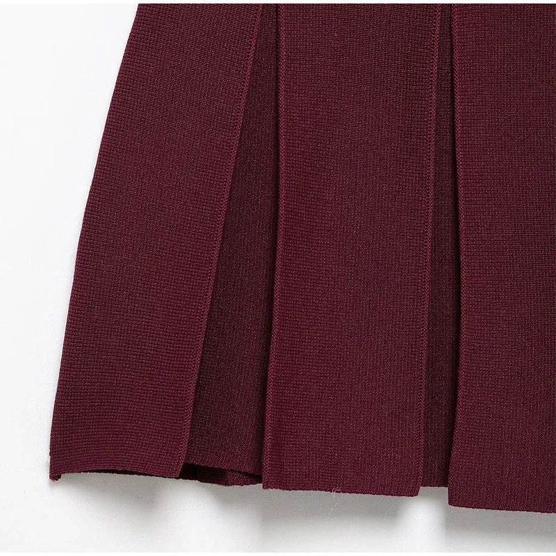 _ Women Skirts 2 Piece Set Burgundy Knitted Lapel Long Sleeve Button Cardigans Pleat High Waist A-line Skirt 2025 Lady Outfits