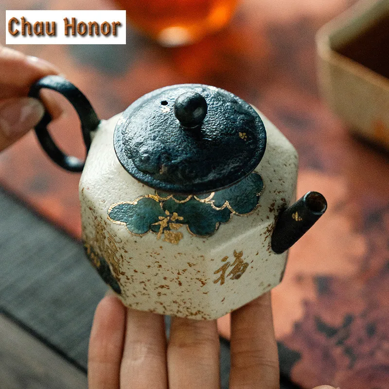 125ML Blue And White Flint Red Teapot Vintage Gold Drawing Auspicious Cloud Octagon Pot Tea Making Kettle Tea Ceremony Ornaments