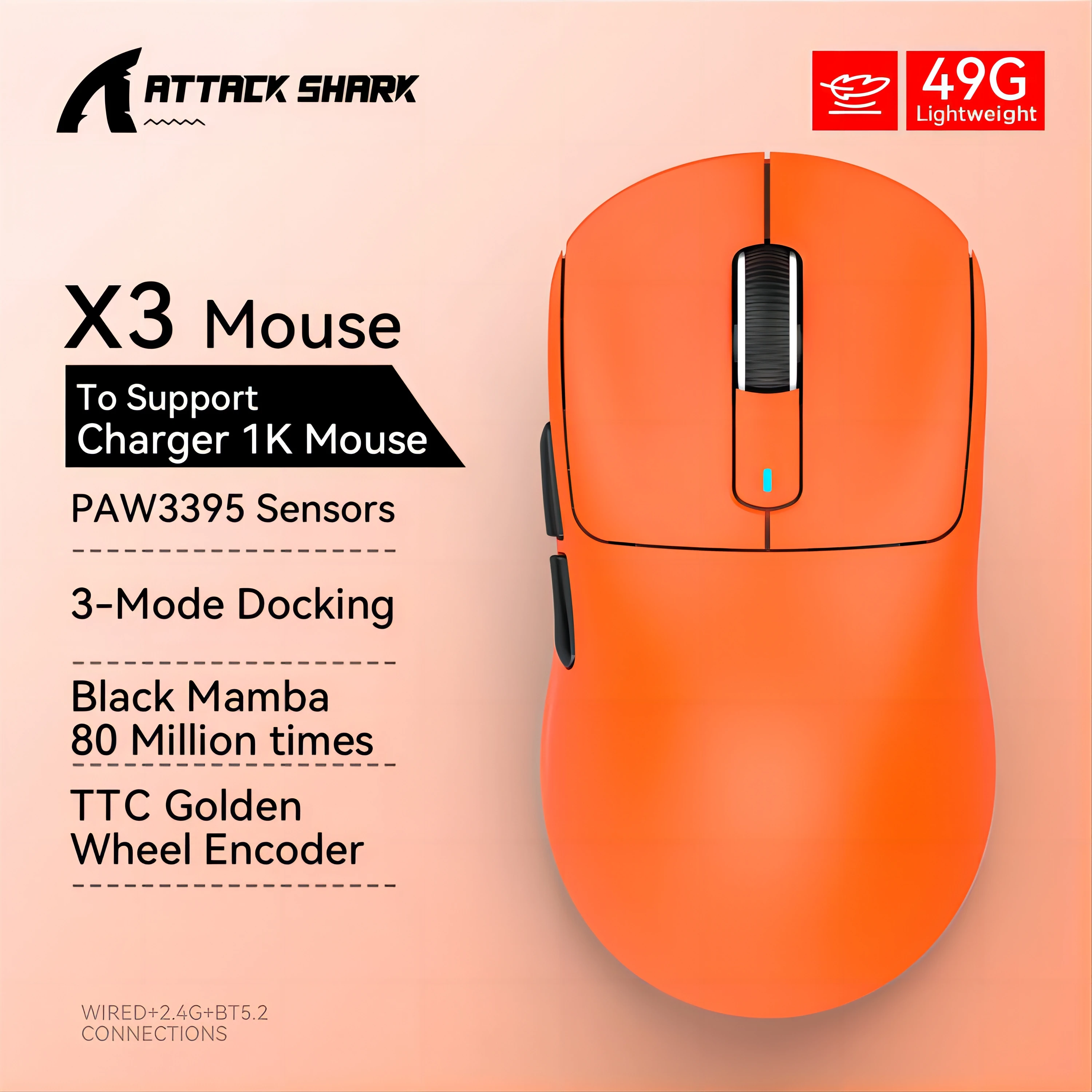 X3 PixArt PAW3395 Bluetooth Mouse,2.4G Tri-Mode Connection, 26000dpi, 650IPS, 49g Lightweight Macro E-Sports Mouse