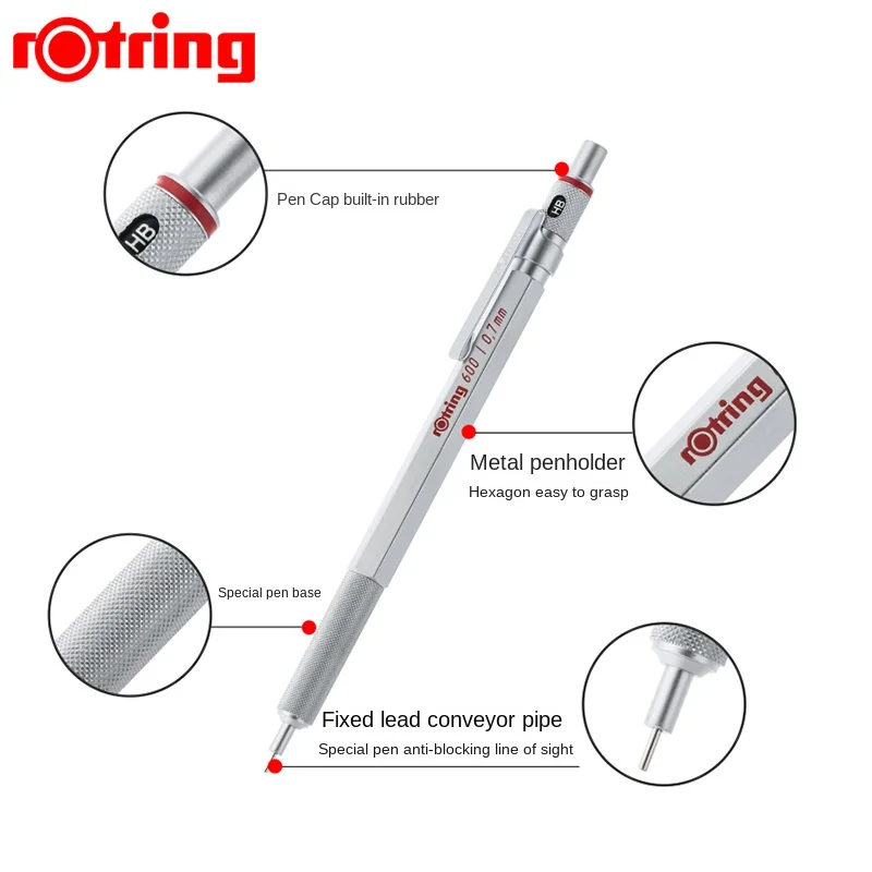 Rotring 600 기계식 연필 0.5mm 0.7mm 전문 드로잉 스케치 펜 금속 바디 육각형 홀더