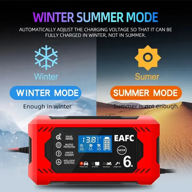 자동차 배터리 충전기 6A 12V 자동차 및 오토바이 배터리 충전 장치 납산 배터리 스마트 수리 LCD 디스플레이