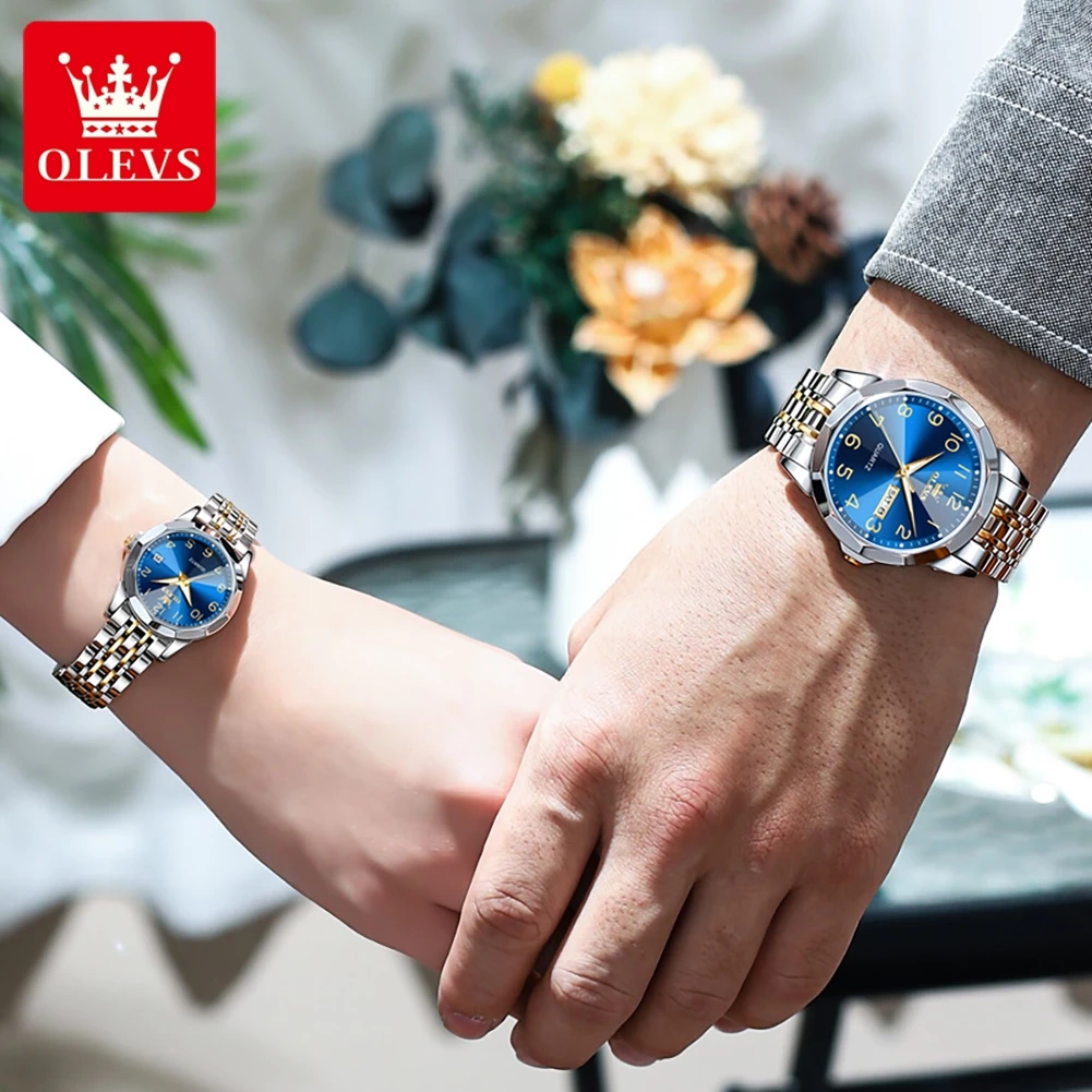 OLEVS 9970 Couple Watches Number Scale Week Calendar Waterproof Quartz Watch For Men Women Rhombus Mirror Stainless Steel Watch