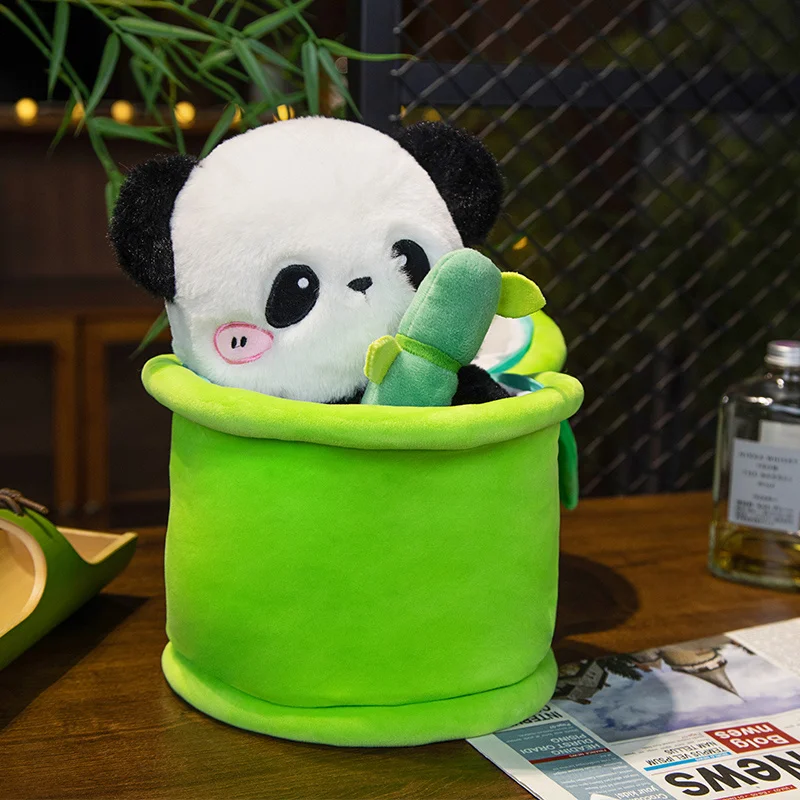 2 in 1  Creative Funny Doll Bamboo Tube Panda Plush Toy Stuffed Soft Tearful Panda Hiding in Bamboo Bag Toys for Kids Girls Gift