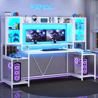 Gaming Desk 74.8'' with LED Lights, Hutch and Storage Shelves, Computer Desk with Monitor Stand, Large PC Gamer Desk Workstation 1