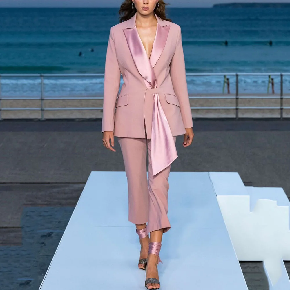 Women Blush Pink Suit Custom Made Two Piece Cotton Single Breasted Stylized Collar Tuxedo Wedding Bridesmaid Party Prom Dinner C