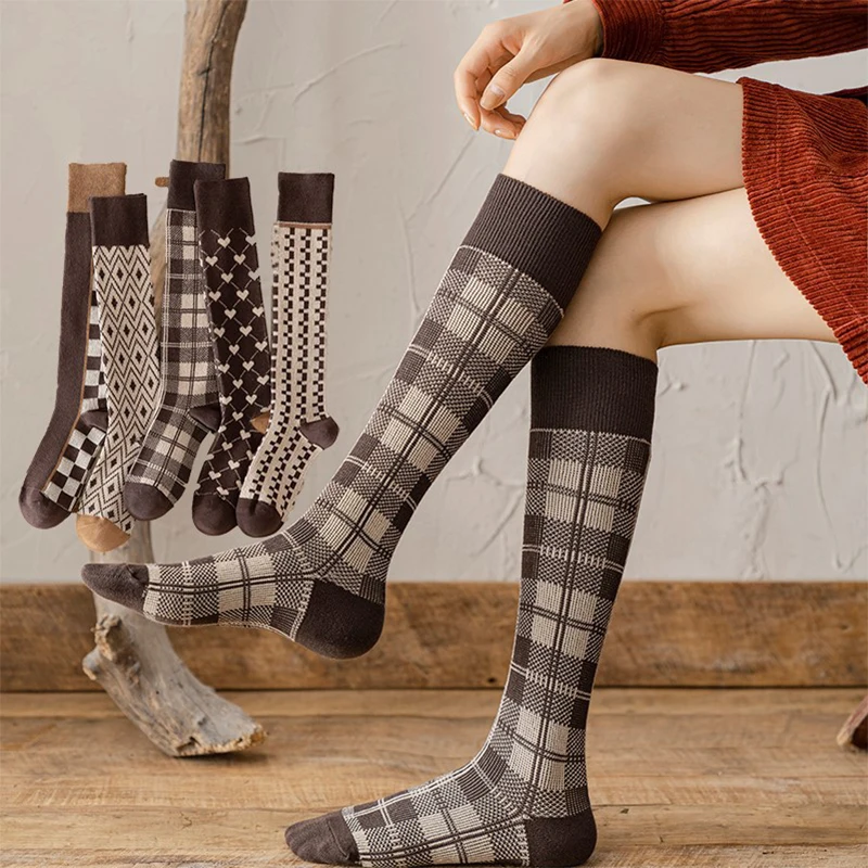 

Fashion Retro Preppy Style Plaid Diamond Jacquard Women's Calf Socks Cotton Comfortable Lolita Hottie Trend Versatile Knee Socks