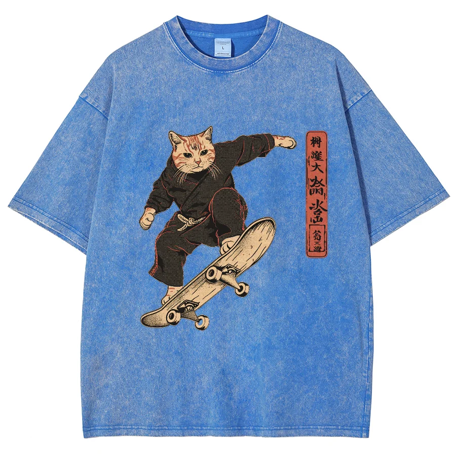 

Trendy Chinese Style Short-Sleeved Round Neck Kung Fu Kitten Print Oversize Loose Retro Old Shoulder Designer New T-Shirt