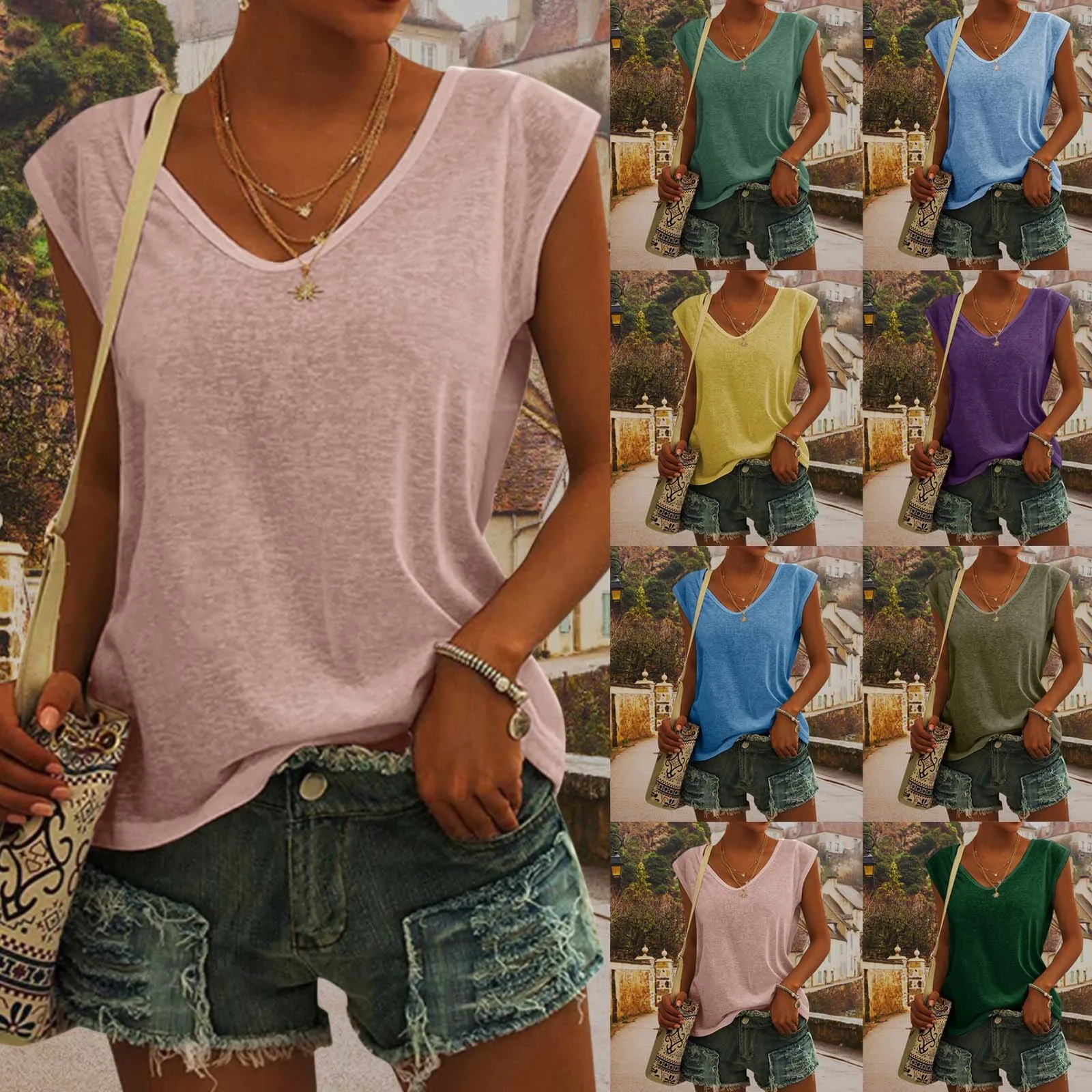 

2023 Solid Color Women Top Plus Size Casual Sexy Camisole Tanks Top V-neck Simple Loose Sleeveless T-shirts New Vest Ropa Mujer
