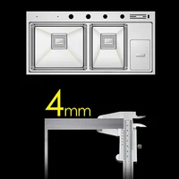 ASRAS อ่างล้างจานคู่ SUS 304 สแตนเลส 4 มม.ความหนา Handmade แปรงขนาดใหญ่ 2 ชามอ่างล้างจานพร้อมถังขยะ 5