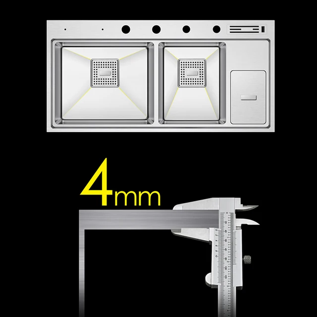 ASRAS อ่างล้างจานคู่ SUS 304 สแตนเลส 4 มม.ความหนา Handmade แปรงขนาดใหญ่ 2 ชามอ่างล้างจานพร้อมถังขยะ 5
