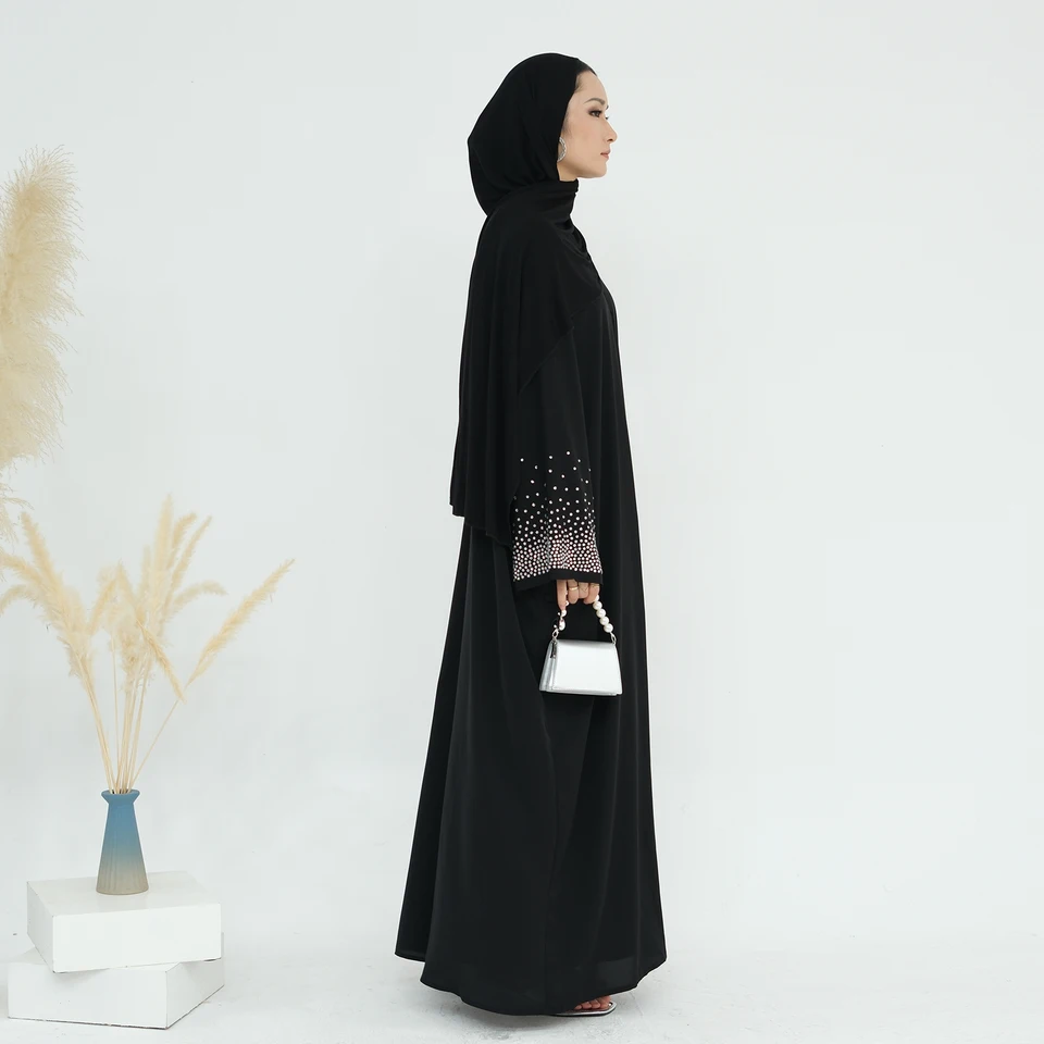 Rhinestone Hotfix Open Front Snap Buttons Dubai Abaya, Muslim