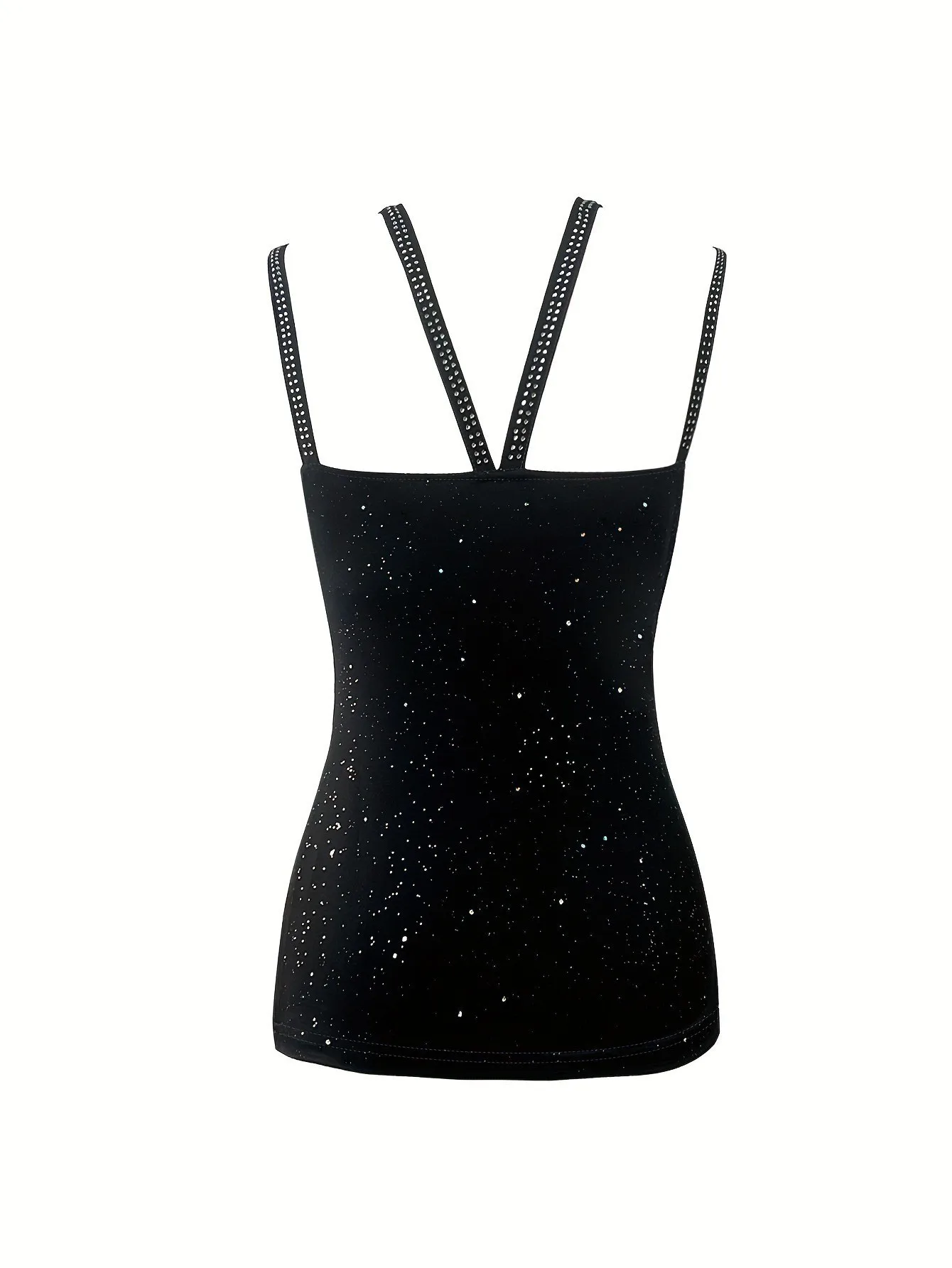 Women’s Rhinestone Glitter V-Neck Camisole with Cross Straps – Stylish Party Tank Top for Summer Nights 04