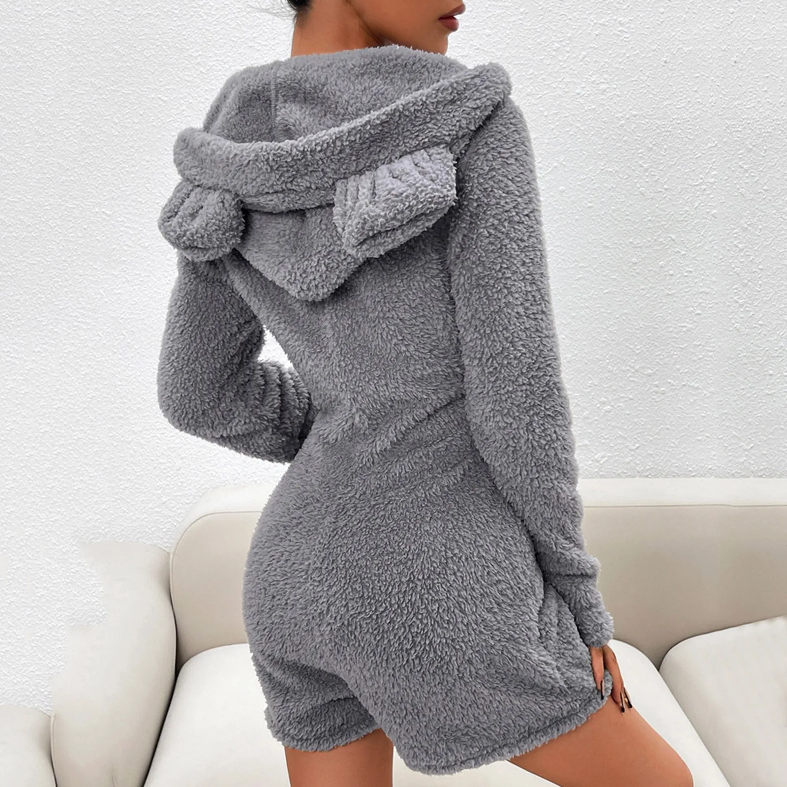 

Women Jumpsuit Fleece Pajama Bear Ear Hooded Bodysuit Shorts Winter Warm Tracksuit Streetwear One-Piece Sleepwear Loungewear