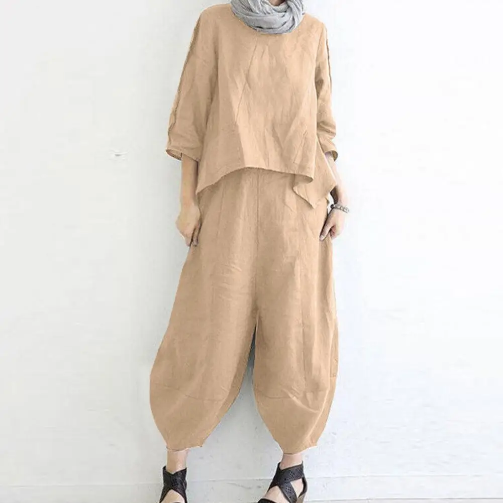 

Loose Fit Pants Suit Women's Retro Irregular Hem Top Harem Pants Set Soft Breathable Elastic Waist T-shirt Trousers Suit Loose